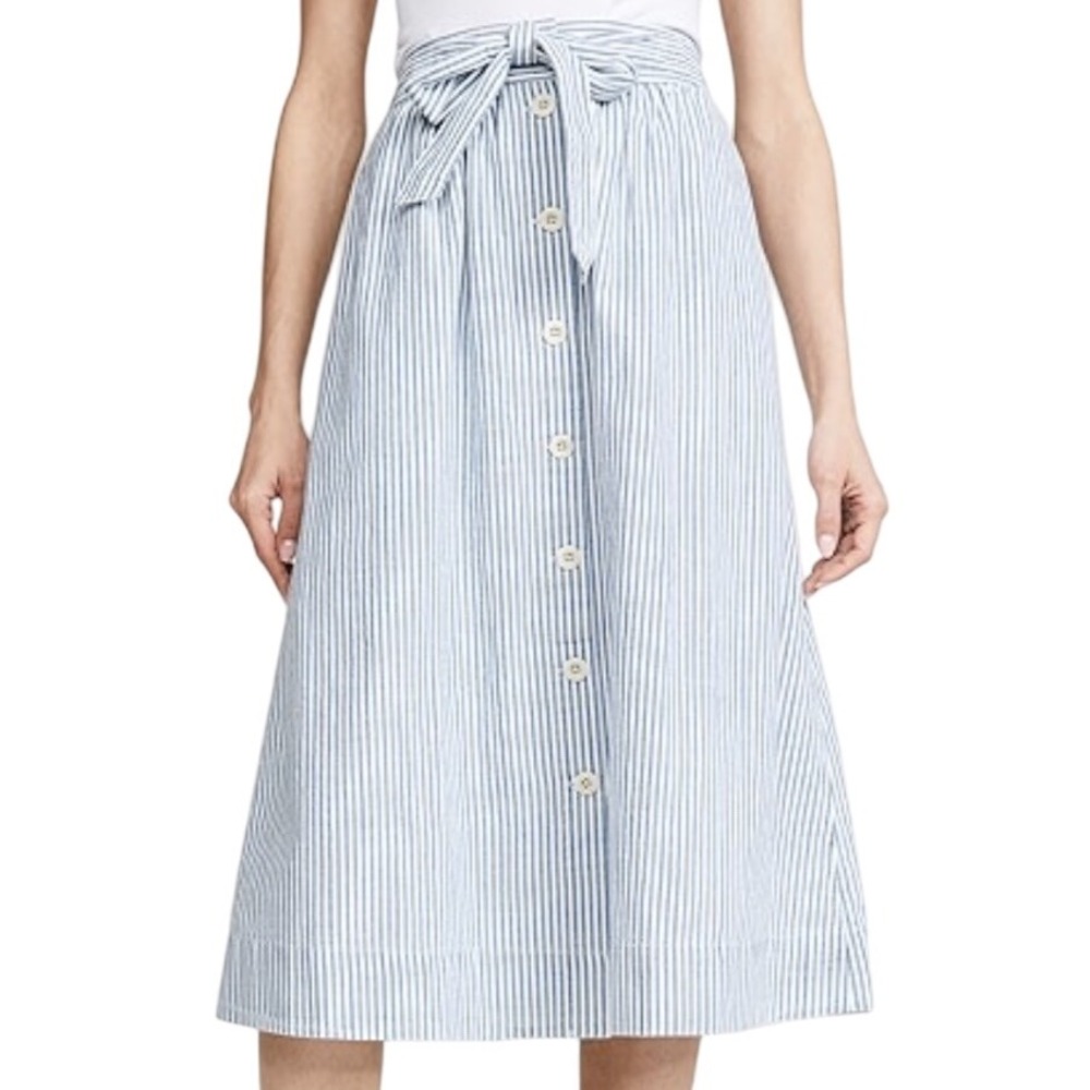 Madewell Midi A-Line Button Front Striped Skirt Coastal Chic Cottagecore Size 6